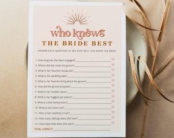 Who Knows the Bride Best Bridal Shower Game Printable, Retro Bridal Shower Games, 70s Themed Bridal Shower Game Blush Sunburst Groovy TRIXIE