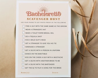 Bachelorette Scavenger Hunt Game Printable, Retro Bachelorette Games, 70's Themed Bachelorette Bar Games Instant Download Sunburst TRIXIE