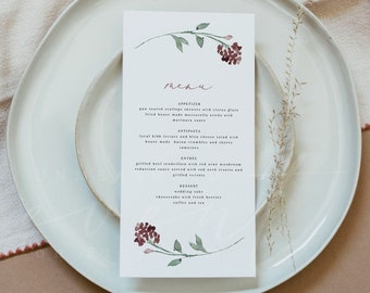 Modello di menu per matrimonio MYRA Burgundy, Menu per matrimonio Muave, Menu per matrimonio stampabili, Menu per matrimonio con fiori di campo stampabili