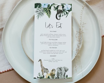 AMARA Safari Menu Template, Printable Baby Shower Menu Cards, Blue Floral Jungle Themed Menu Cards, Boy Baby Shower Birthday Lion Elephant
