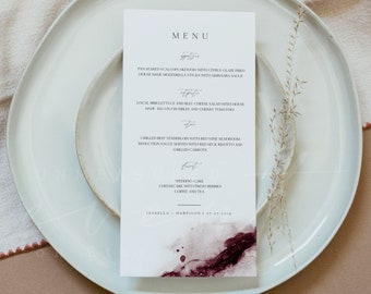 Modello di menu per matrimonio in Borgogna SCARLETT, modello di menu per vino, modello di menu 5x7 e 4x8, menu per matrimonio rosso, schede di menu Templett stampabili