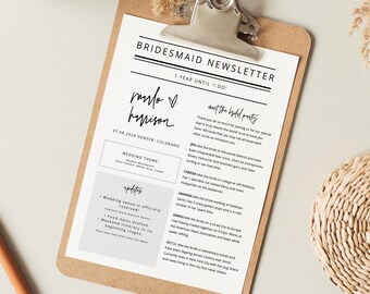 Modern Bridesmaid Newsletter Template, Newlywed Newsletter Printable, Wedding Planning Updates, Wedding Instant Download Templates MARLO