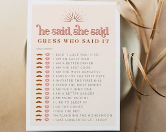 He Said She Said Bridal Shower Game Printable, Retro Bridal Shower Games, 70's Themed Bridal Shower Game Blush Sunburst Groovy DIY TRIXIE