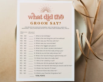 What Did the Groom Say Bridal Shower Game Printable, Retro Bridal Shower Games, 70's Themed Bridal Shower Game Blush Sunburst Groovy TRIXIE