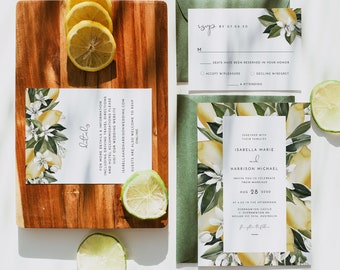 DAHLIA Lemon Wedding Invitation Template Suite, Citrus Wedding Invite Instant Download Printable, Summer Fruit Wedding Kit Editable DIY