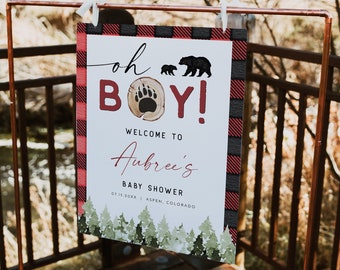 FROST Lumberjack Baby Shower Welcome Sign Template, Flannel Baby Shower Welcome, Forest Baby Shower Welcome, Bear Pine Tree Woodland Baby