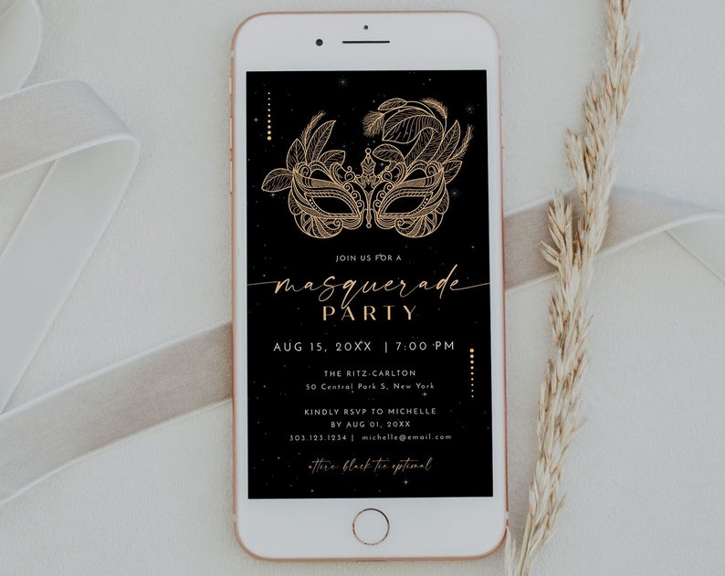 CELINE Masquerade Party Invitation Template Masquerade Text Message Invitation Gold Masked Party Evite Instant Download