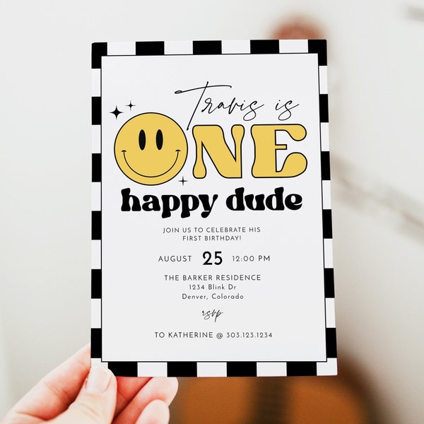 TRAVIS One Happy Dude Birthday Invitation Template, Happy Face Birthday Invite Printable, Emoji Birthday Invitation, Rock and Roll Birthday