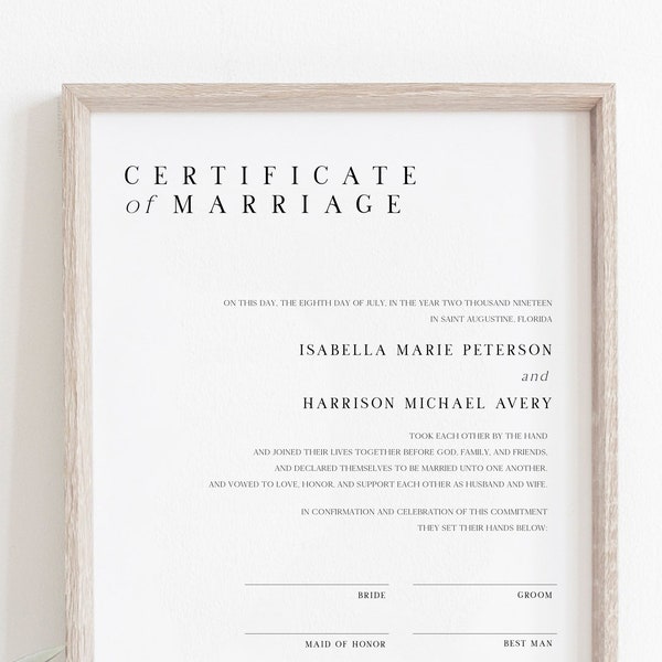 HARPER Minimalist Marriage Certificate Printable Template, Marriage Certificate Keepsake, Modern Handfasting Certificatae, Instant