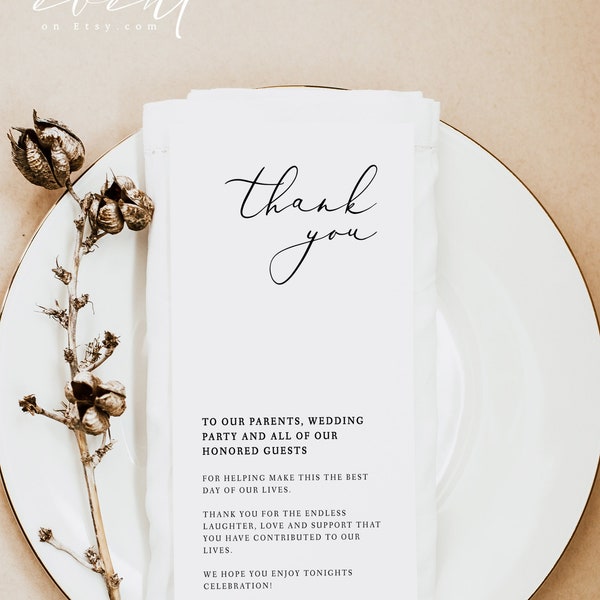 EVELYN Minimalist Table Thank You Card Printable, Script Place Setting Thank You Card, Wedding Thank You Card, Elegant Reception Thank You