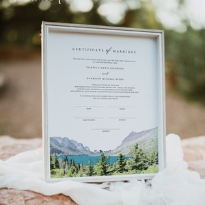 GLACIER NATIONAL PARK Heiratsurkunde, Hochzeitszertifikat, Handfast-Zertifikat, Berghochzeits-Andenken, Berg-Aquarell-Zeichen