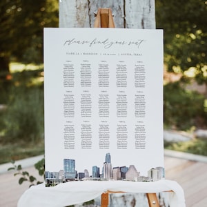Plantilla de plano de asientos de AUSTIN, cartel de plano de asientos de Austin en acuarela, plano de asientos imprimible, boda de destino con pintura del horizonte de Texas