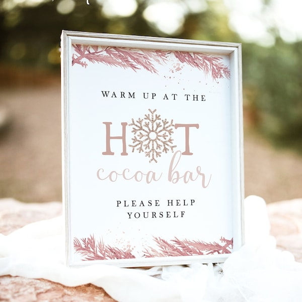 RORY Blush Pink Hot Cocoa Bar Sign Template, Winter Onderland Birthday Party Hot Chocolate Sign Printable, Winter Wonderland Themed Party