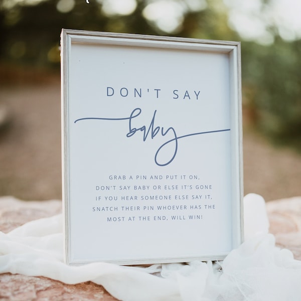 Minimalist Dusty Blue Don't Say Baby Sign Template Bohemian Boy Baby Shower Game Printable MARLO