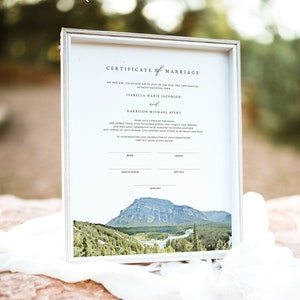 Certificado de matrimonio de BANFF, certificado de matrimonio, certificado de matrimonio, recuerdo de boda en la montaña, letrero de acuarela de Tunnel Mountain