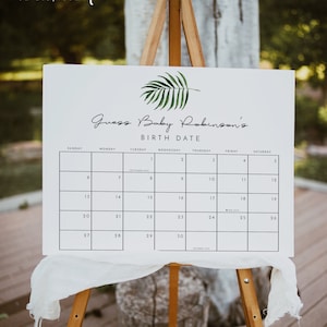 CATE Modern Palm Baby Due Date Calendar Game, Palm Leaf Guess The Due Date Calendar, Tropical Baby Shower Prediction Sign Minimalist Beach