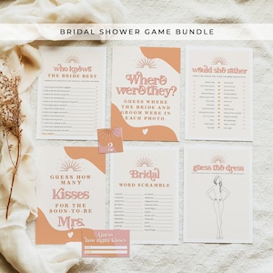 Spelbundel vrijgezellenfeest, retro spellen vrijgezellenfeest, afdrukbare spellen vrijgezellenfeest direct downloaden, jaren 70 thema Groovy Blush Orange TRIXIE