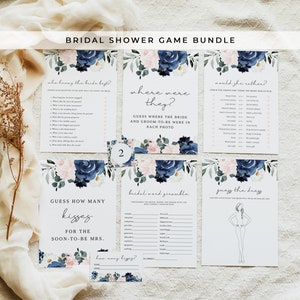 CADENCE Bridal Shower Game Bundle Templates, Blush and Navy Bridal Shower Games, Printable Pink and Blue Floral Bridal Shower Kit Instant