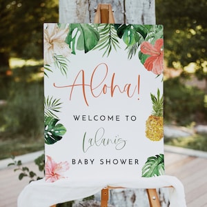 Aloha Baby Shower Welcome Sign Template, Luau Baby Shower Welcome Sign Printable, Tropical Baby Shower, Beach Pineapple Hibiscus DIY LALANI