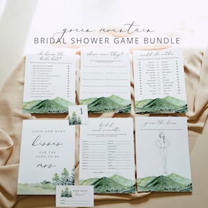 KENAI Brautdusche Spiele Bundle, Green Mountain Brautdusche Spiele, druckbare Brautdusche Spiele Sofortiger Download, Boho Frühling Berge