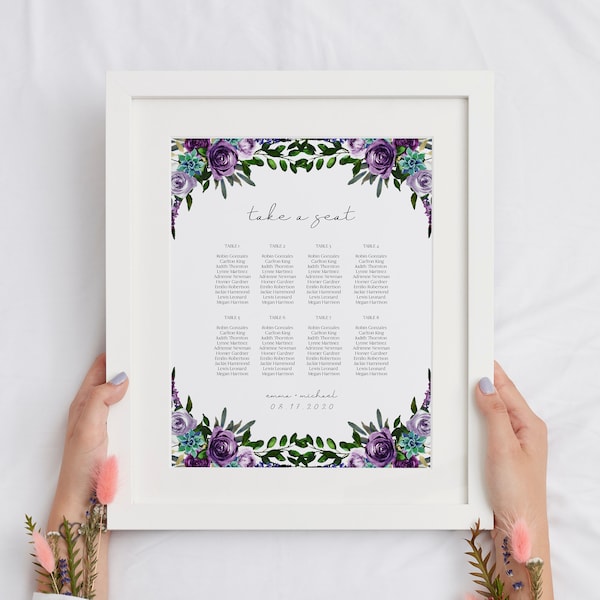 OLIVIA | Purple Floral Weddingl 8x10 Seating Chart Template, Succulent 11x17 Wedding Seating Chart, Plum Seating Chart for Small Wedding DIY