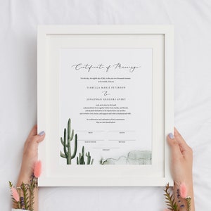 ELEANOR Szablon Certyfikatu Ślubu Kaktus, Certyfikat Ślubu Pustyni do Wydrukowania, Certyfikat Ślubu Boho Natychmiast