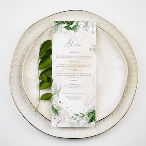 Plantilla de menú de boda con vegetación bohemia de GIANNA, menú imprimible con vegetación de acuarela, tarjetas de menú etéreas, plantilla editable de descarga instantánea