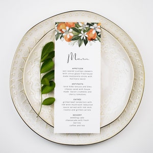 Szablon menu weselnego w kolorze pomarańczowym, menu z akwarelowym kwiatem pomarańczy do wydrukowania, karty menu cytrusowe, natychmiastowe pobieranie edytowalnego szablonu DIY CALLIOPE