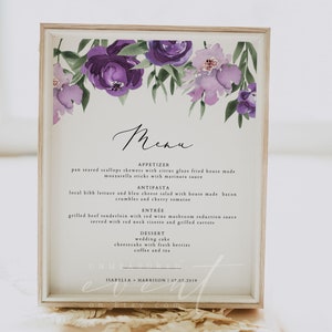 Plantilla de menú de boda con flores moradas de 8 x 10 pulgadas de LILAH, letrero de menú de boda con flores de lavanda, letrero de menú imprimible, menú de catering para banquetes instantáneo