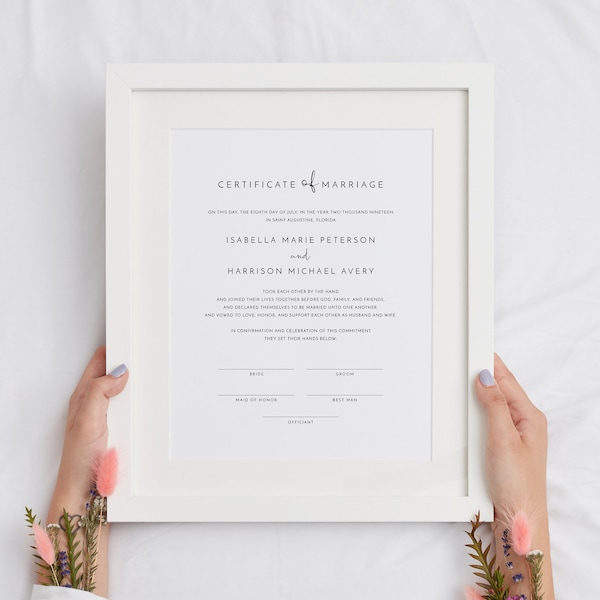 ADELLA Minimalist Marriage Certificate Template, Modern Marriage Certificate Printable, Marriage Certificate Keepsake Download