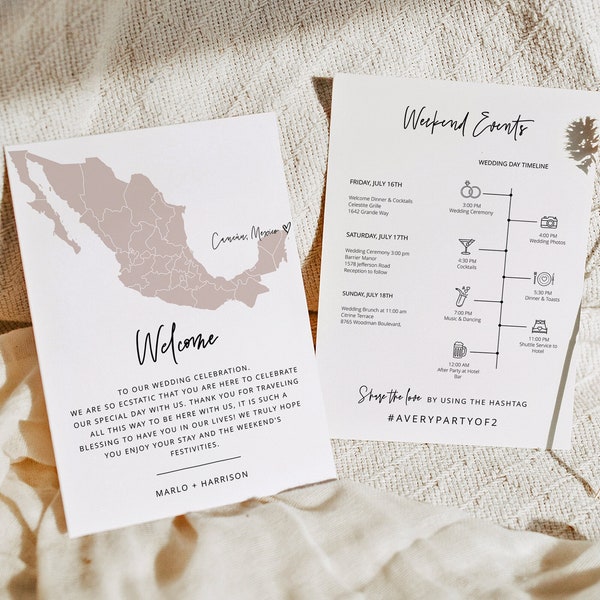 QUINN México Carta de bienvenida de boda y plantilla de itinerario, Tarjeta de bienvenida de destino, Cronología de boda de pasaporte, Tarjeta de boda en el extranjero