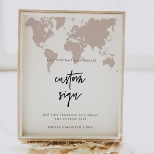 Modèle de plaque personnalisé QUINN 20 x 10 po., carte du monde rose pâle, panneau modifiable imprimable, panneaux de table de mariage à destination, téléchargement immédiat, bricolage en or rose