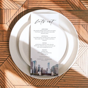 CHICAGO bruiloft menusjabloon, aquarel Chicago Skyline bruiloft menukaarten, bestemming bruiloft lange menukaart afdrukbare Instant Download