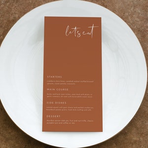 KORIANDER terracotta bruiloft menusjabloon, verbrand oranje trouwmenu afdrukbaar, boho modern minimalistische roest koperen menukaarten