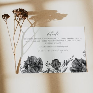 Plantilla de tarjeta adjunta NOVA, inserto de invitación floral negro imprimible, inserto de invitación floral vintage, boda gótica, boda de Halloween