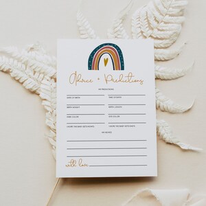 Modello di scheda di consigli e previsioni GITA, giochi stampabili per baby shower arcobaleno boho, previsioni per bambini, consigli per genitori blu navy senape neutro