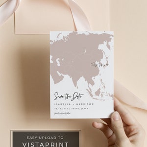 QUINN Asien Landkarte Save the Date Vorlage, Hochzeit in Zielland Save the Date Postkarte, Blush Travel Themed Hochzeit Save the Date Karten
