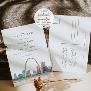 Modèle réservez la date Saint-Louis, réservez la date pour mariage Skyline de la Saint-Louis, aquarelle réservez la date Saint-Louis, carte postale de mariage Missouri bricolage