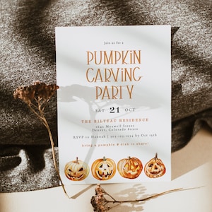Pumpkin Carving Party Invitation Printable, Halloween Invitation Template, Pumpkin Carving Evite Instant Download, All Hallows Eve Party DIY