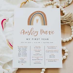 Modèle de carte d'étape ANSLEY Boho arc-en-ciel premier anniversaire, carte d'étape en terre cuite, carte d'étape bébé, affiche d'étape Boho