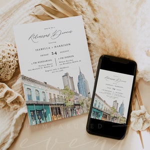 MOBILE Rehearsal Dinner Invitation Template, Watercolor Mobile Alabama Wedding Rehearsal Invite Printable, Destination Cityscape Invite DIY