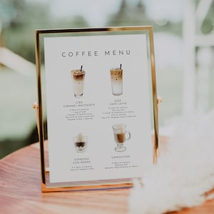 Modelo de menu de café em aquarela, tipos editáveis de placa de café para cafeteria, placa de decoração de cozinha, placa de receita de café, guia de café