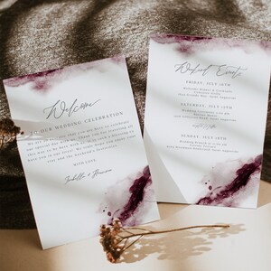 SCARLETT Burgundy Wedding Welcome Note and Itinerary Template, Wedding Weekend Itinerary Template, Napa Bachelorette Weekend Schedule