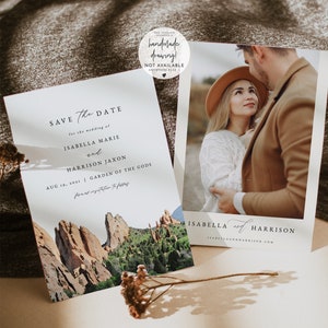 Jardin des dieux, réservez le modèle, carte postale imprimable réservez la date des roches rouges du Colorado, photo d'invitation du parc national de Colorado Springs