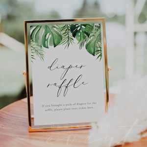 Tropische Babyparty-Windel-Verlosung Zeichen Vorlage, druckbare Palmenblatt-Windel-Verlosung Zeichen, Strand-Babyparty-Windel-Verlosung Zeichen Ozean CORA