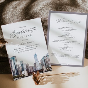 CHICAGO Bachelorette Invitation and Itinerary Template, Watercolor Chicago Bachelorette Weekend Invite, Chicago Bachelorette Party