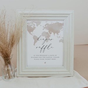 Luier loterij teken sjabloon, luier spel babyshower teken, avontuurlijke babyshower, genderneutraal babyshower spel reiskaart thema CARMEN