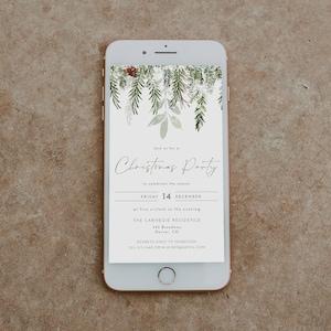 JOY Christmas Party Text Message Invitation Template Winter Pine and Greenery Digital Holiday Dinner Evite