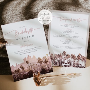 LOS ANGELES Bachelorette Invitation & Itinerary Template, LA Bachelorette Invitation, Los Angeles Watercolor Skyline and Palm Tree Invite