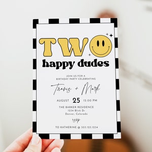Happy Dude Birthday Invitation Template, Joint Birthday Party Invite, Happy Face Birthday Invitation, Twin Boy Birthday Invite TRAVIS